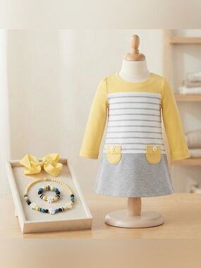 Gymboree | Yellow Gray LS Dress with Matching Accessories | 5
